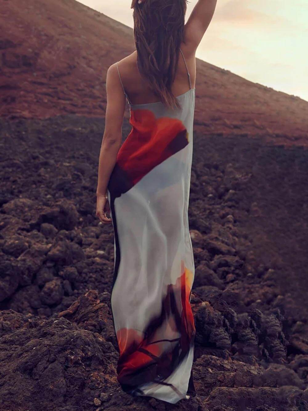 Abstrakter Tulpen-Print Urlaub Spaghetti-Träger H-Linien Maxikleid