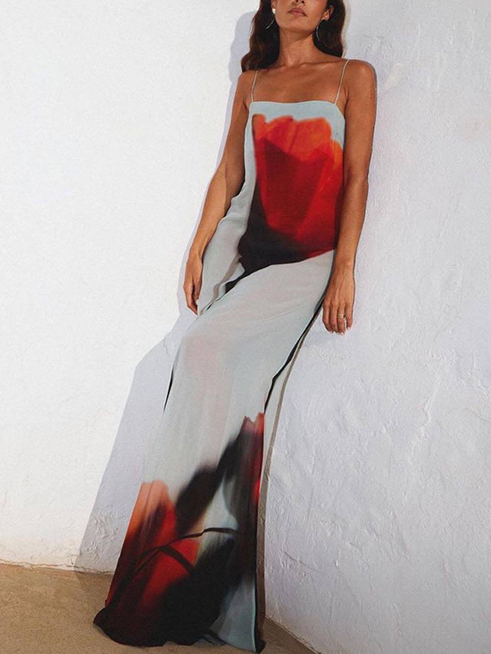 Abstrakter Tulpen-Print Urlaub Spaghetti-Träger H-Linien Maxikleid
