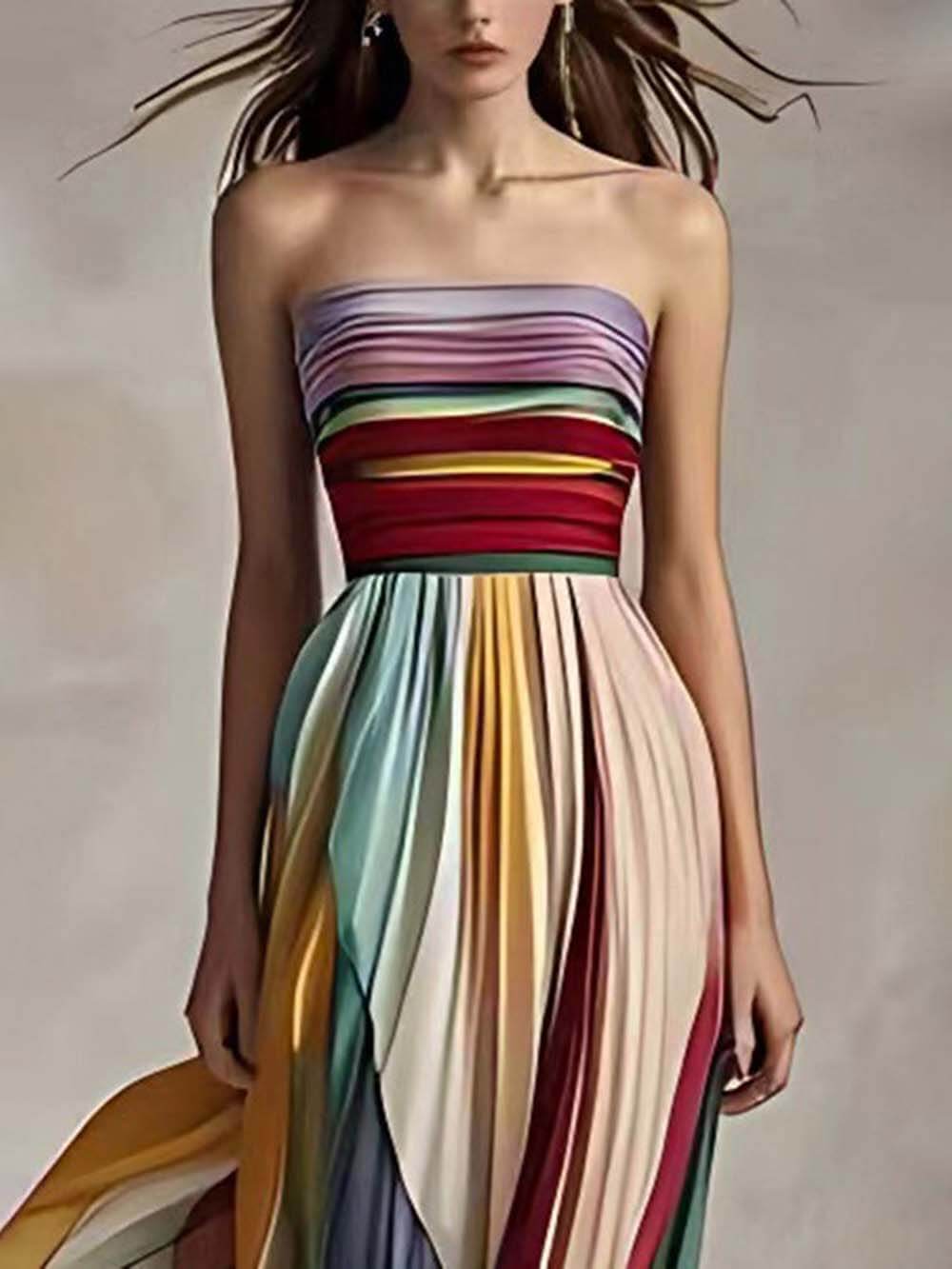 Elegant randig tryckt off-shoulder plisserad bandeau-maxiklänning