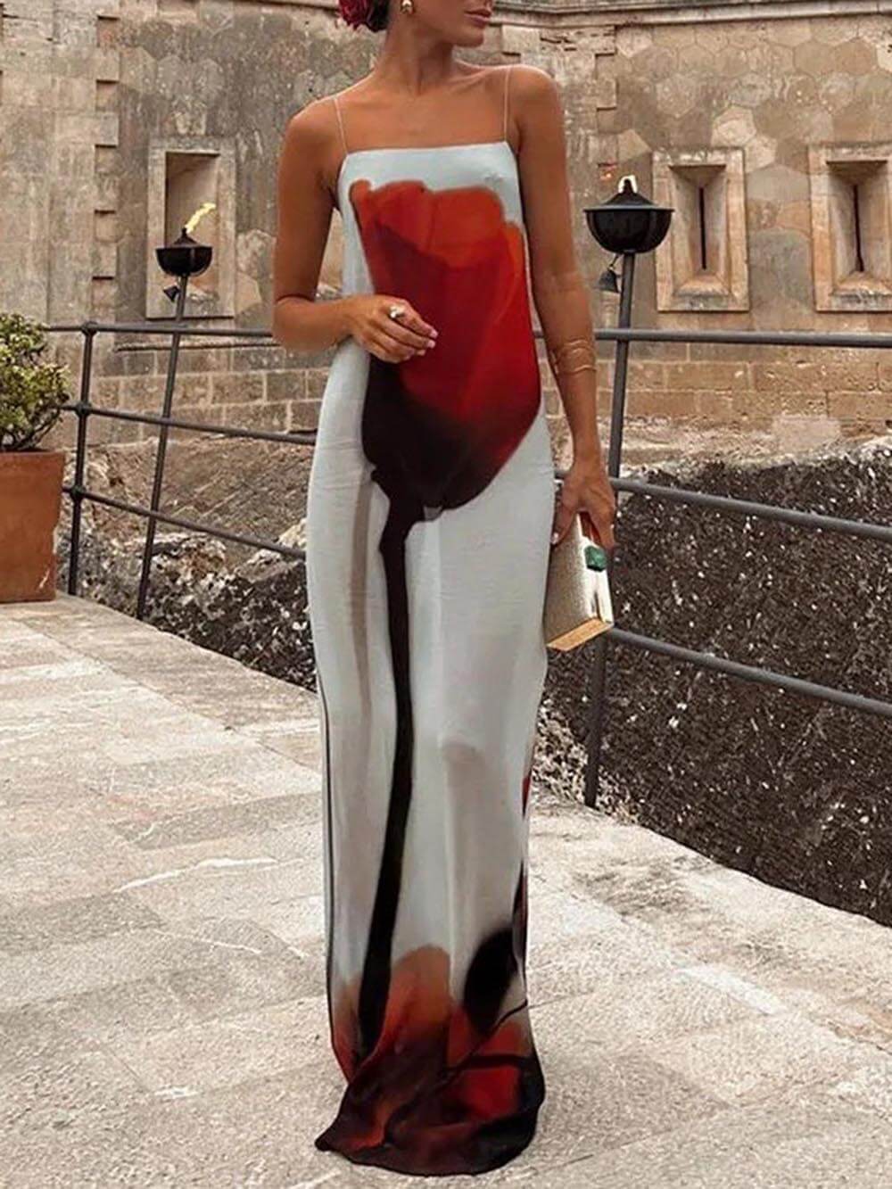 Abstrakter Tulpen-Print Urlaub Spaghetti-Träger H-Linien Maxikleid
