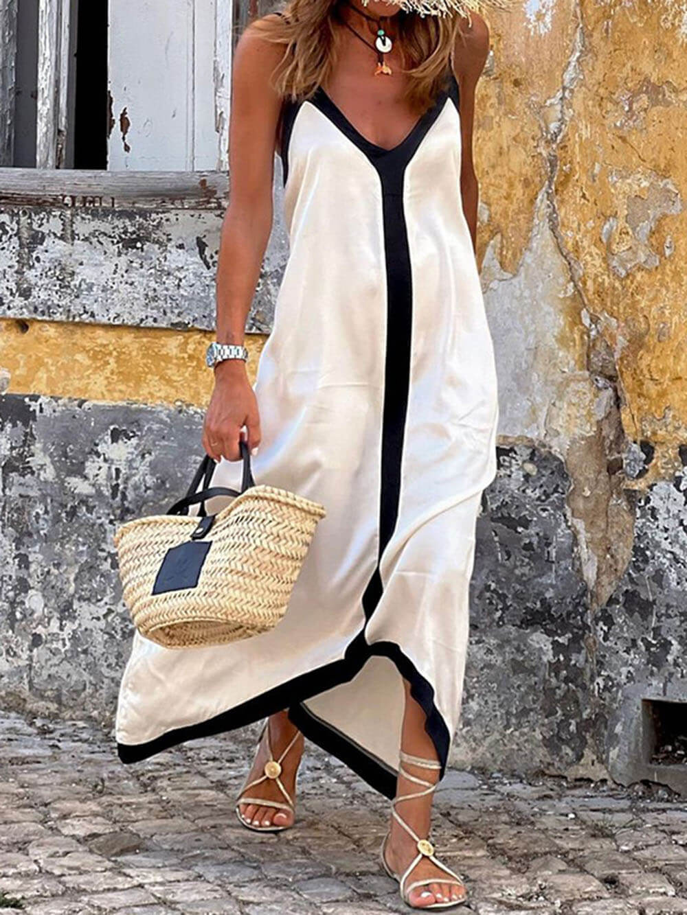 Colorblock midi-kjole med seler