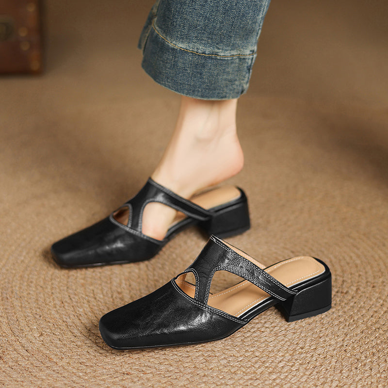 Mules Darea de cuero genuino con punta cuadrada