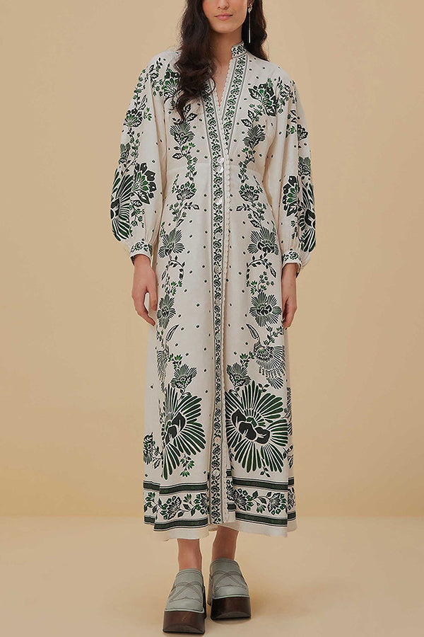 Robe longue chemise à manches longues boutonnée à imprimé unique