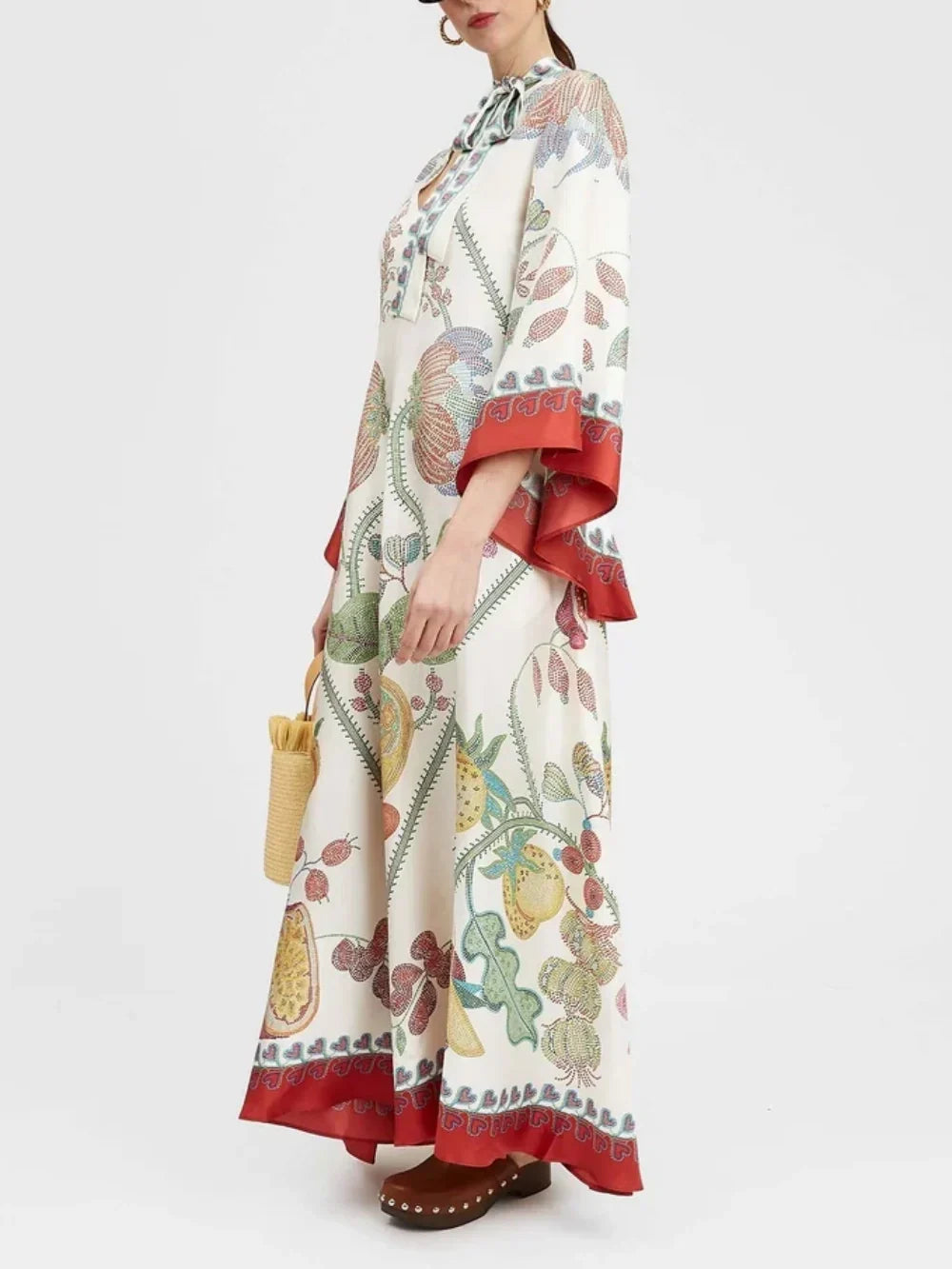 Robe longue imprimée ébène, placée à la main