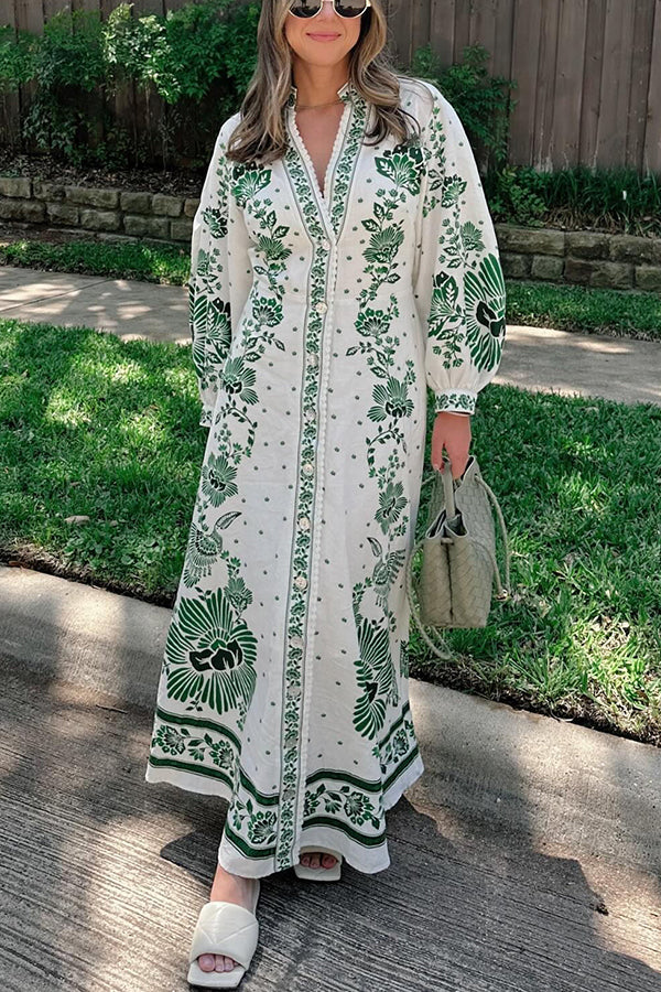 Robe longue chemise à manches longues boutonnée à imprimé unique
