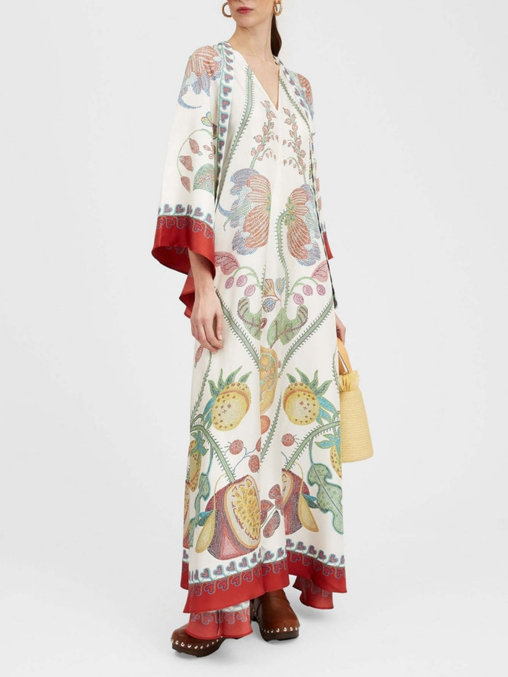 Robe longue imprimée ébène, placée à la main