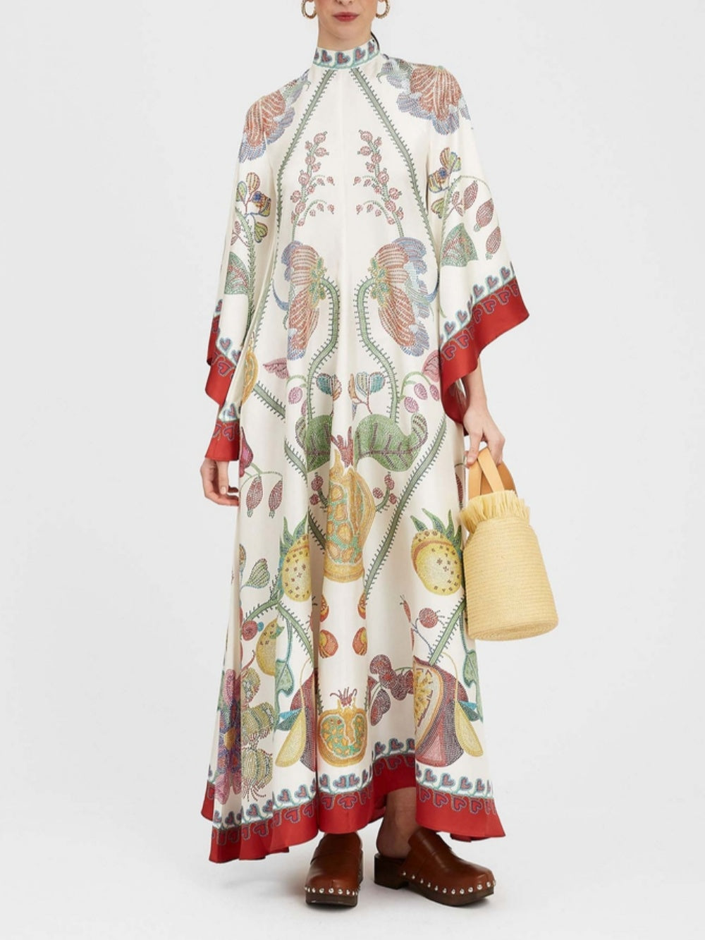 Robe longue imprimée ébène, placée à la main