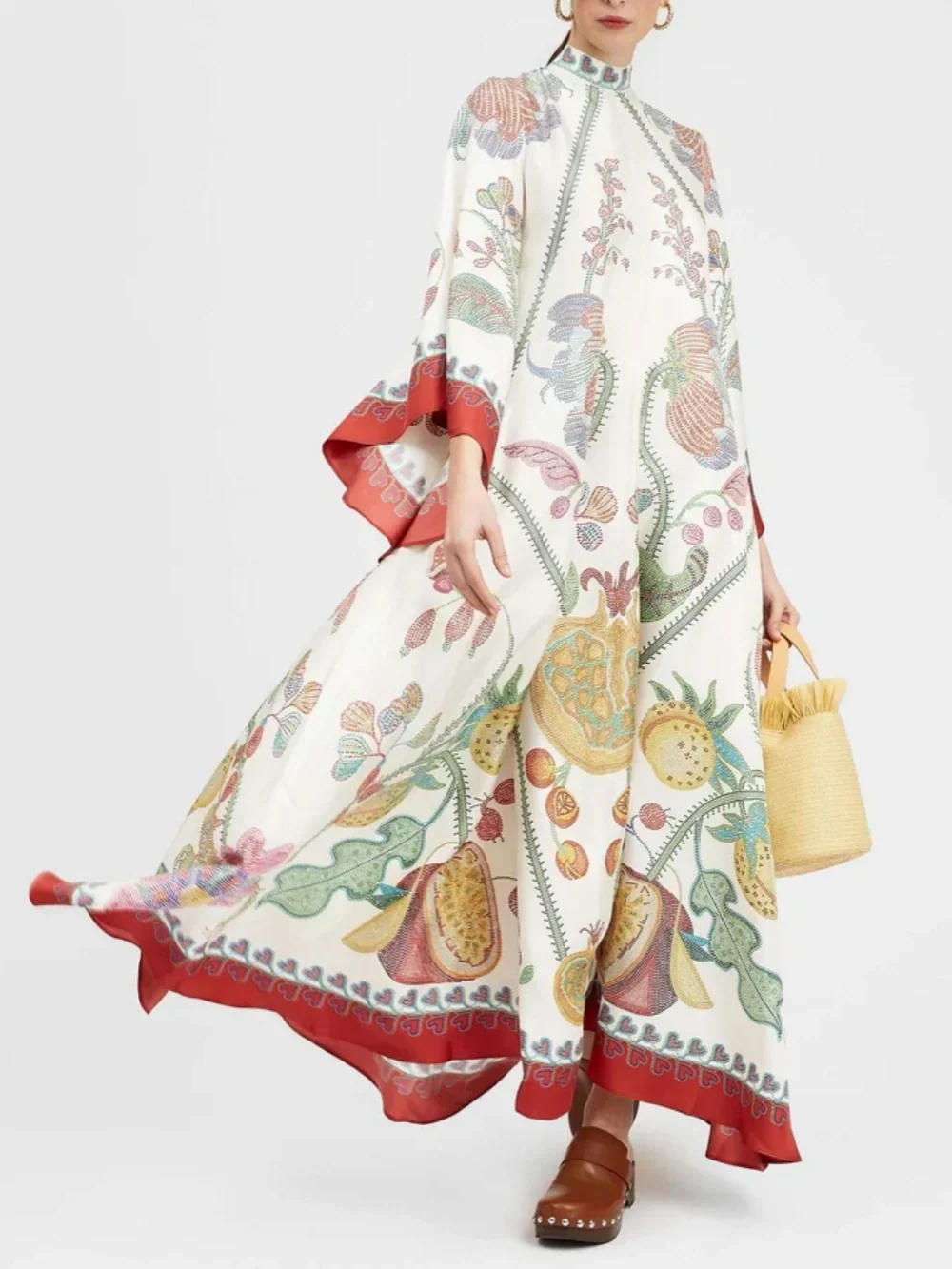 Robe longue imprimée ébène, placée à la main