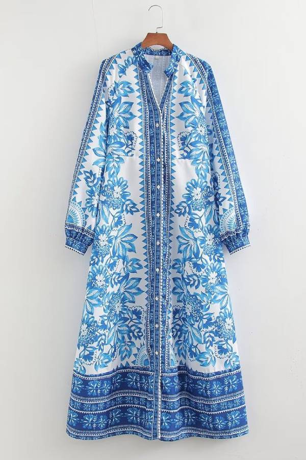 Robe longue chemise à manches longues boutonnée à imprimé unique