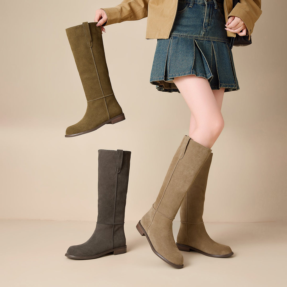 Selma knähöga boots i äkta mocka