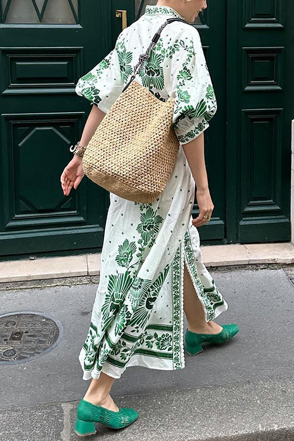 Robe longue chemise à manches longues boutonnée à imprimé unique