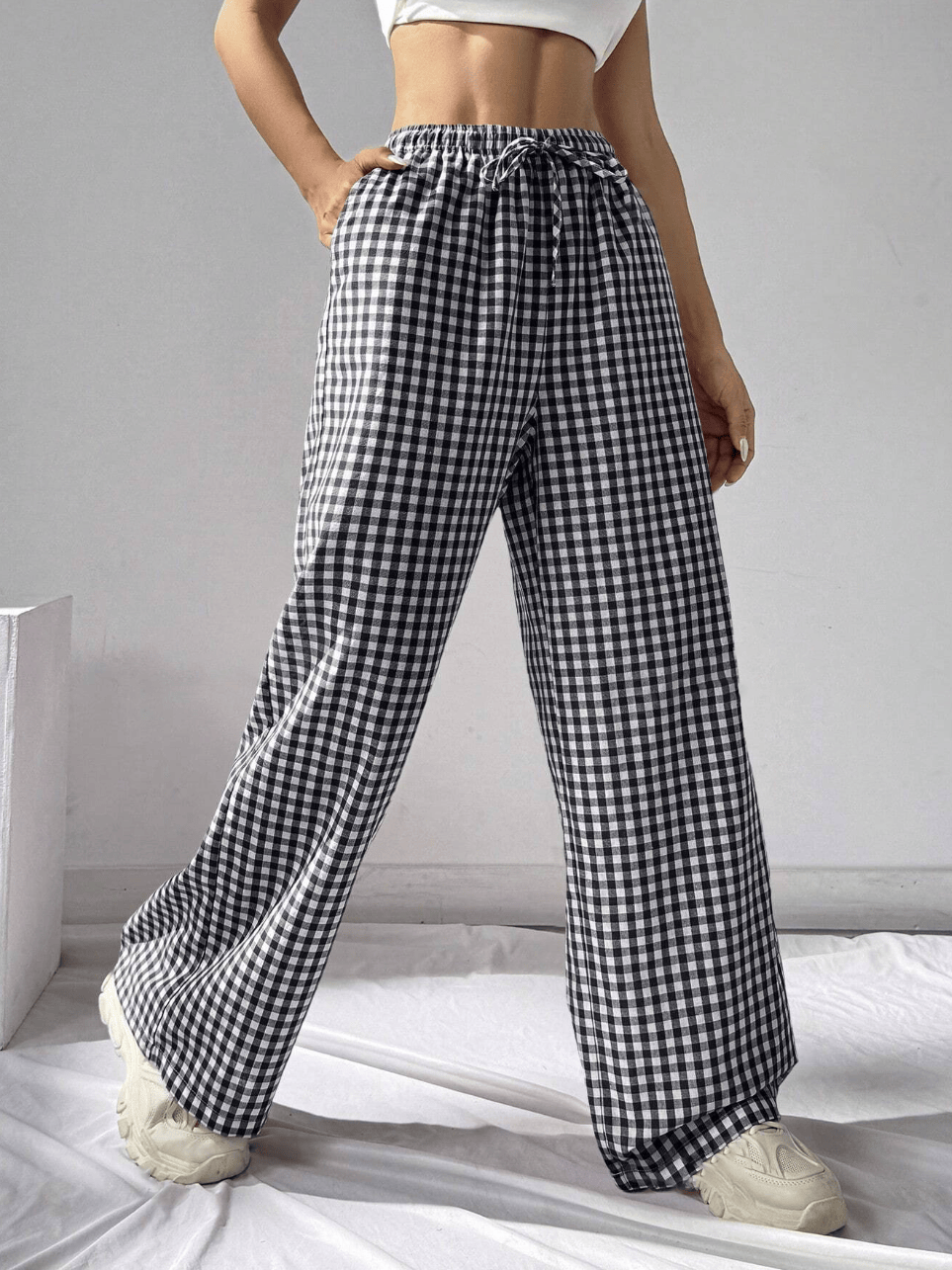 Gingham-bukser med vide ben