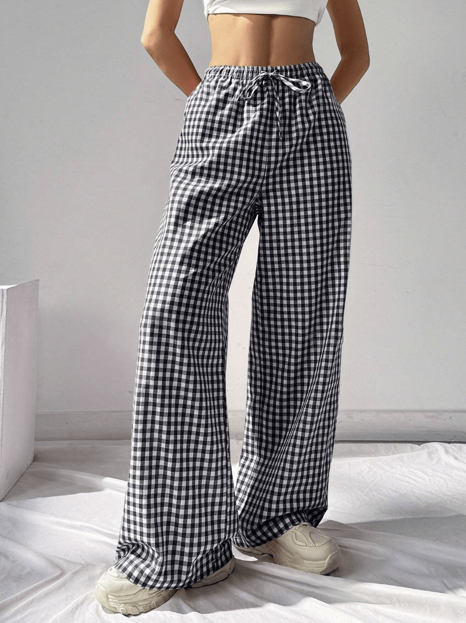 Gingham-bukser med vide ben
