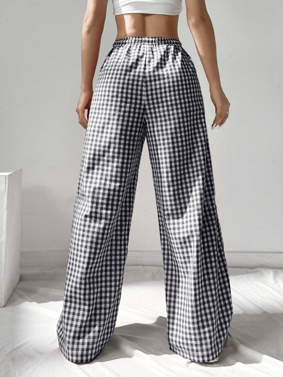 Gingham-bukser med vide ben