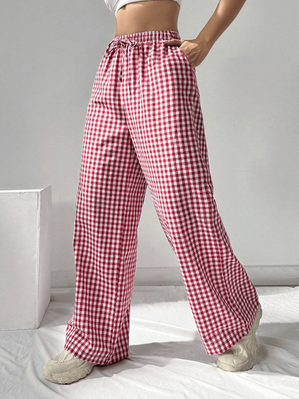 Gingham-bukser med vide ben