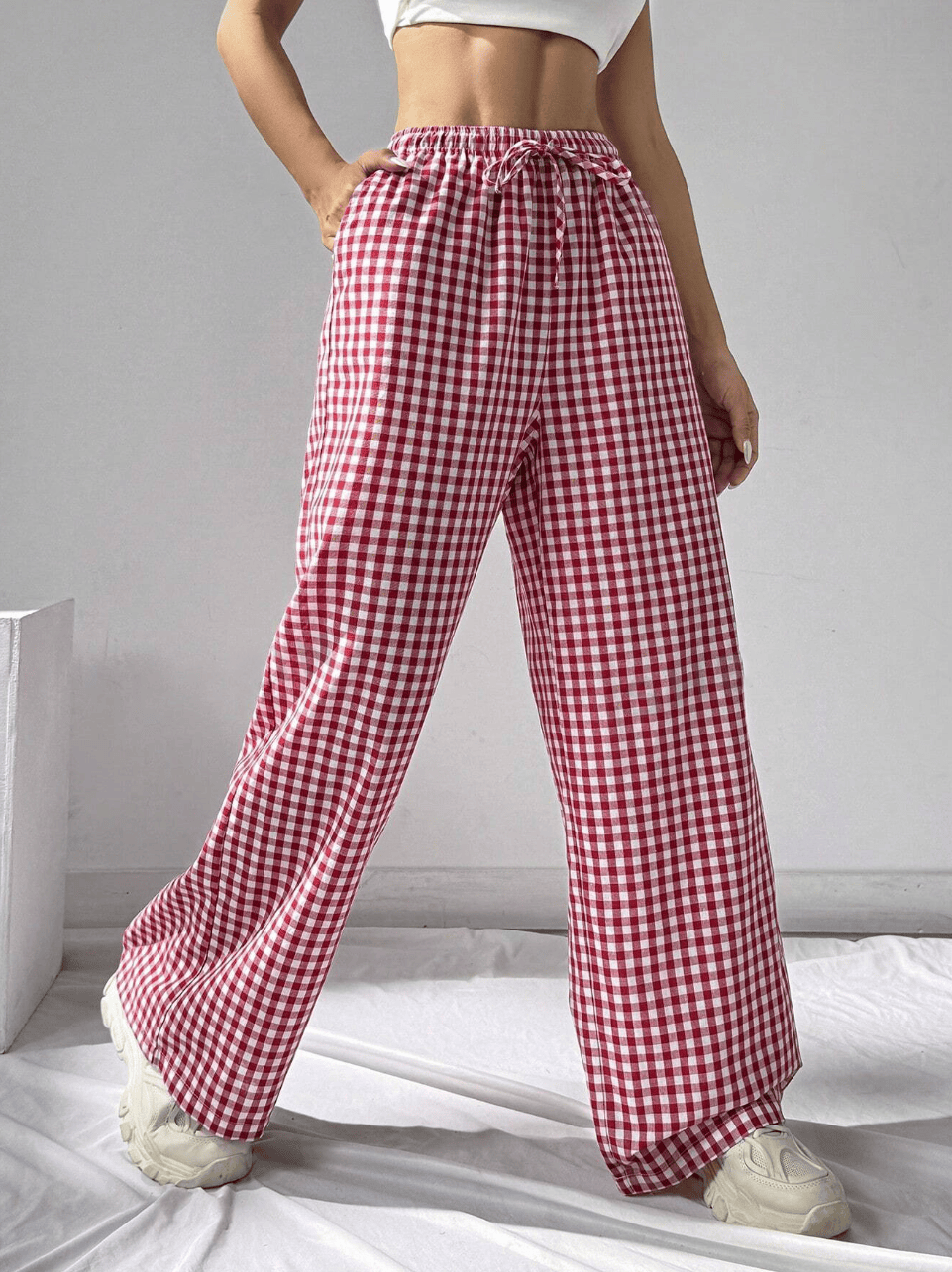 Gingham-bukser med vide ben