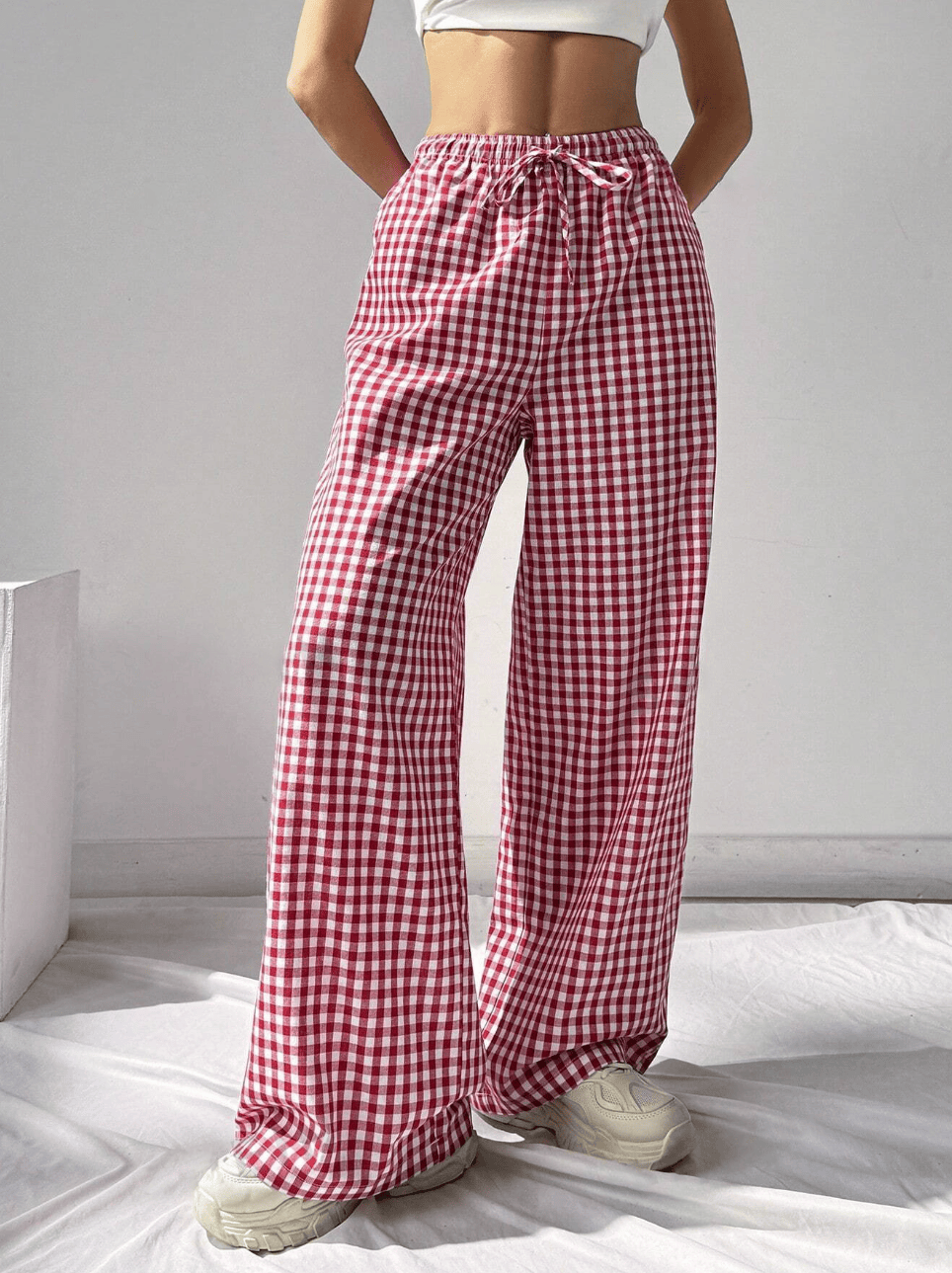 Gingham-bukser med vide ben