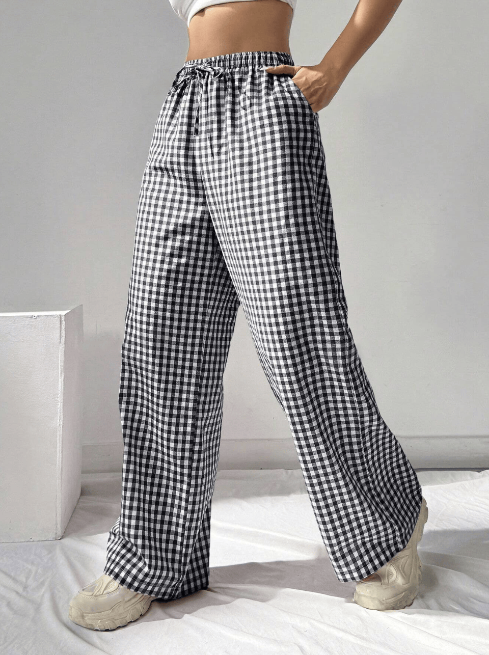 Gingham-bukser med vide ben