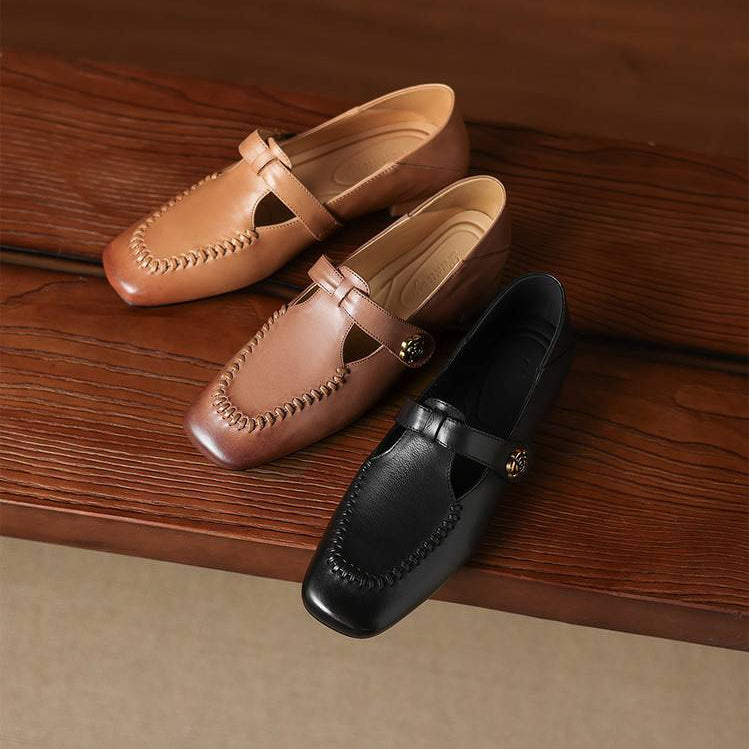 Zapatos de tacón Krea de piel auténtica con costuras de látigo y tira en T