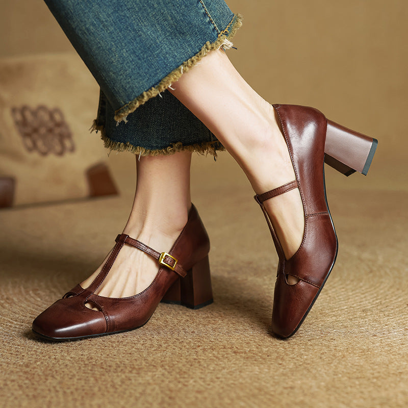 Yuna Mary-Jane-Heels aus echtem Leder mit T-Riemchen