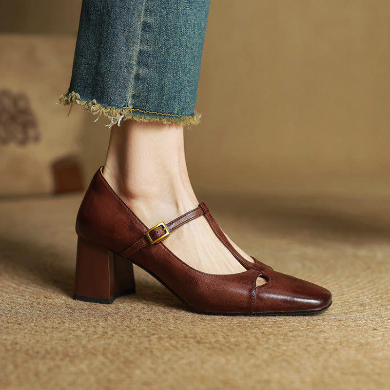 Yuna Mary-Jane-Heels aus echtem Leder mit T-Riemchen