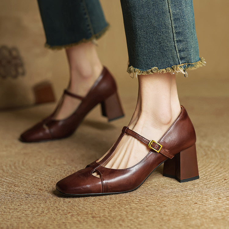 Yuna Mary-Jane-Heels aus echtem Leder mit T-Riemchen