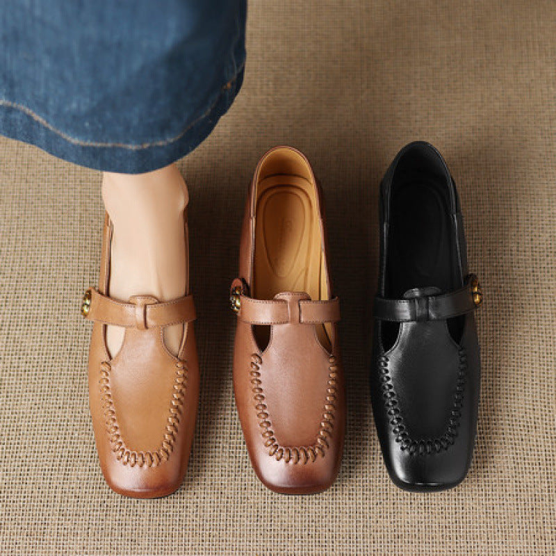 Zapatos de tacón Krea de piel auténtica con costuras de látigo y tira en T