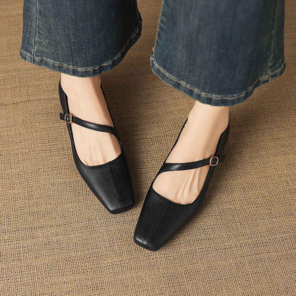 Zapatos Mary Jane Celes de cuero con punta cuadrada