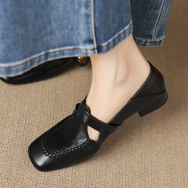 Zapatos de tacón Krea de piel auténtica con costuras de látigo y tira en T