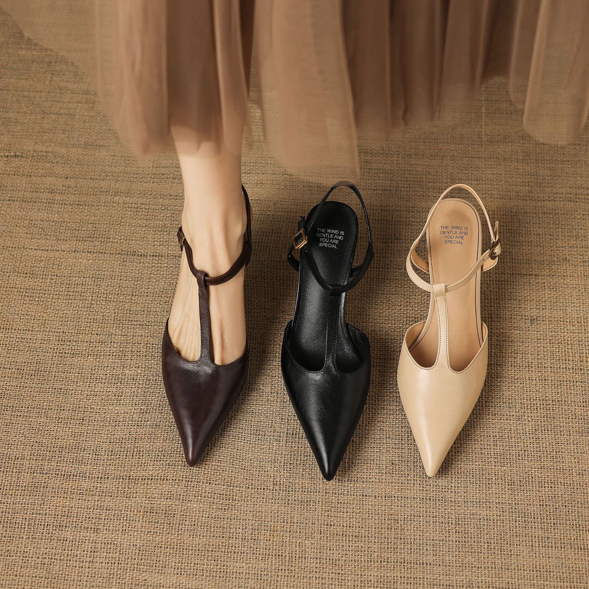 Tacones Mary Jane Luci de cuero genuino con punta fina