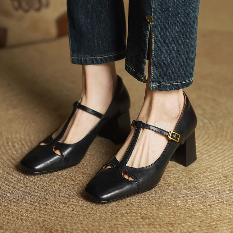 Yuna Mary-Jane-Heels aus echtem Leder mit T-Riemchen