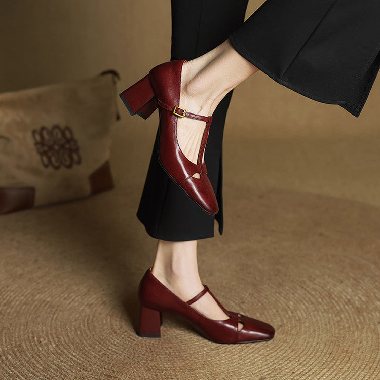 Yuna Mary-Jane-Heels aus echtem Leder mit T-Riemchen