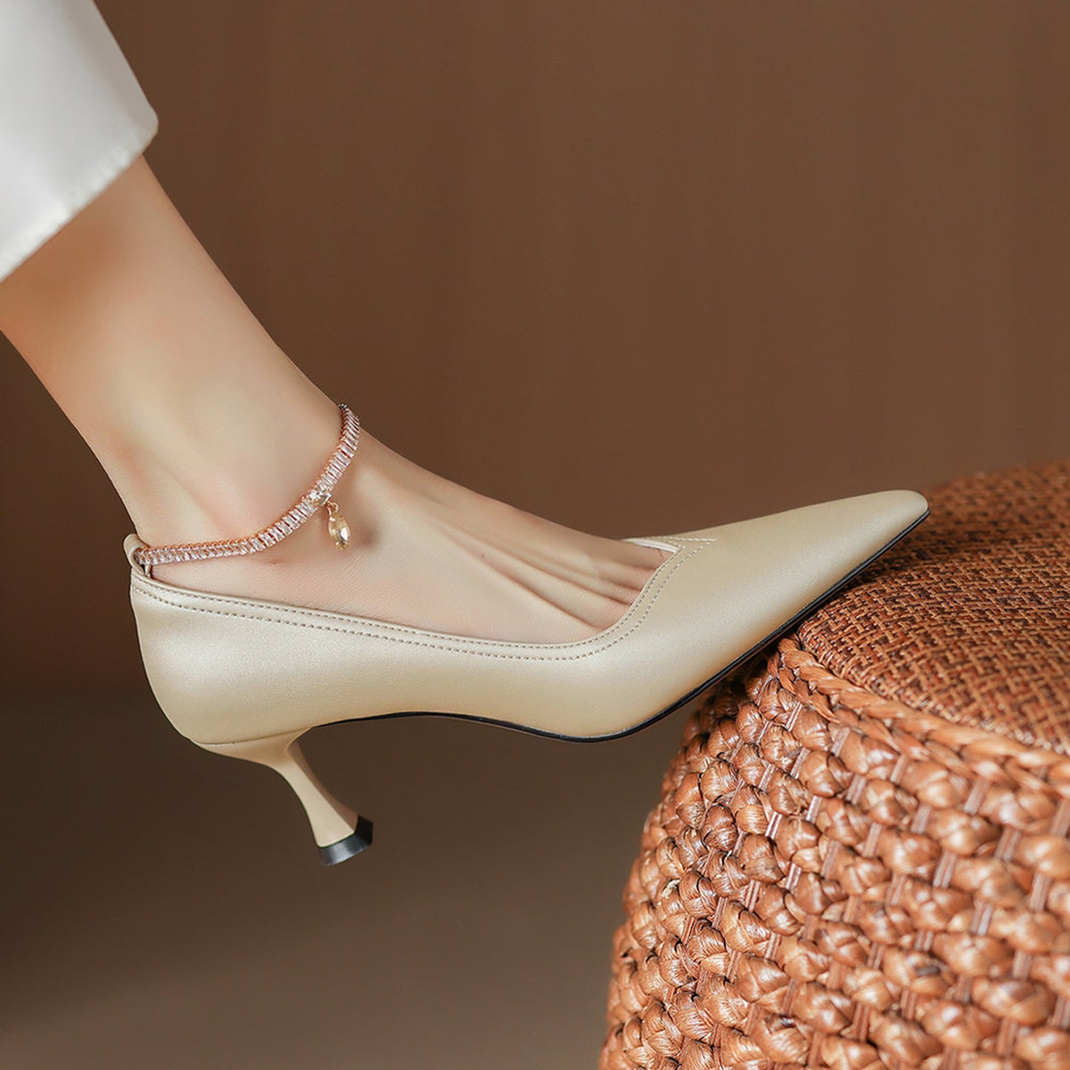 Raya Genuine Leather Rhinestone Anklet Pumps