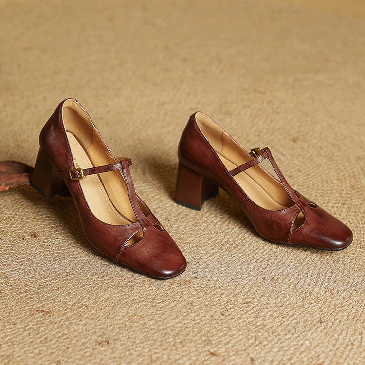 Yuna Mary-Jane-Heels aus echtem Leder mit T-Riemchen