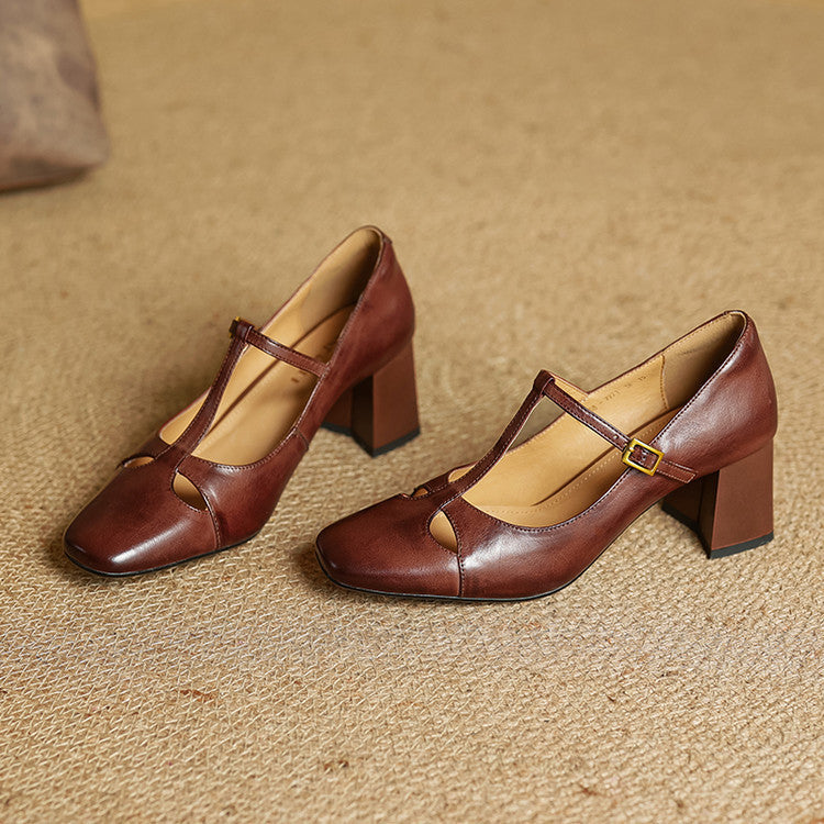 Yuna Mary-Jane-Heels aus echtem Leder mit T-Riemchen