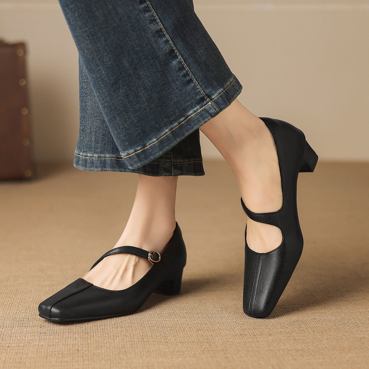 Zapatos Mary Jane Celes de cuero con punta cuadrada