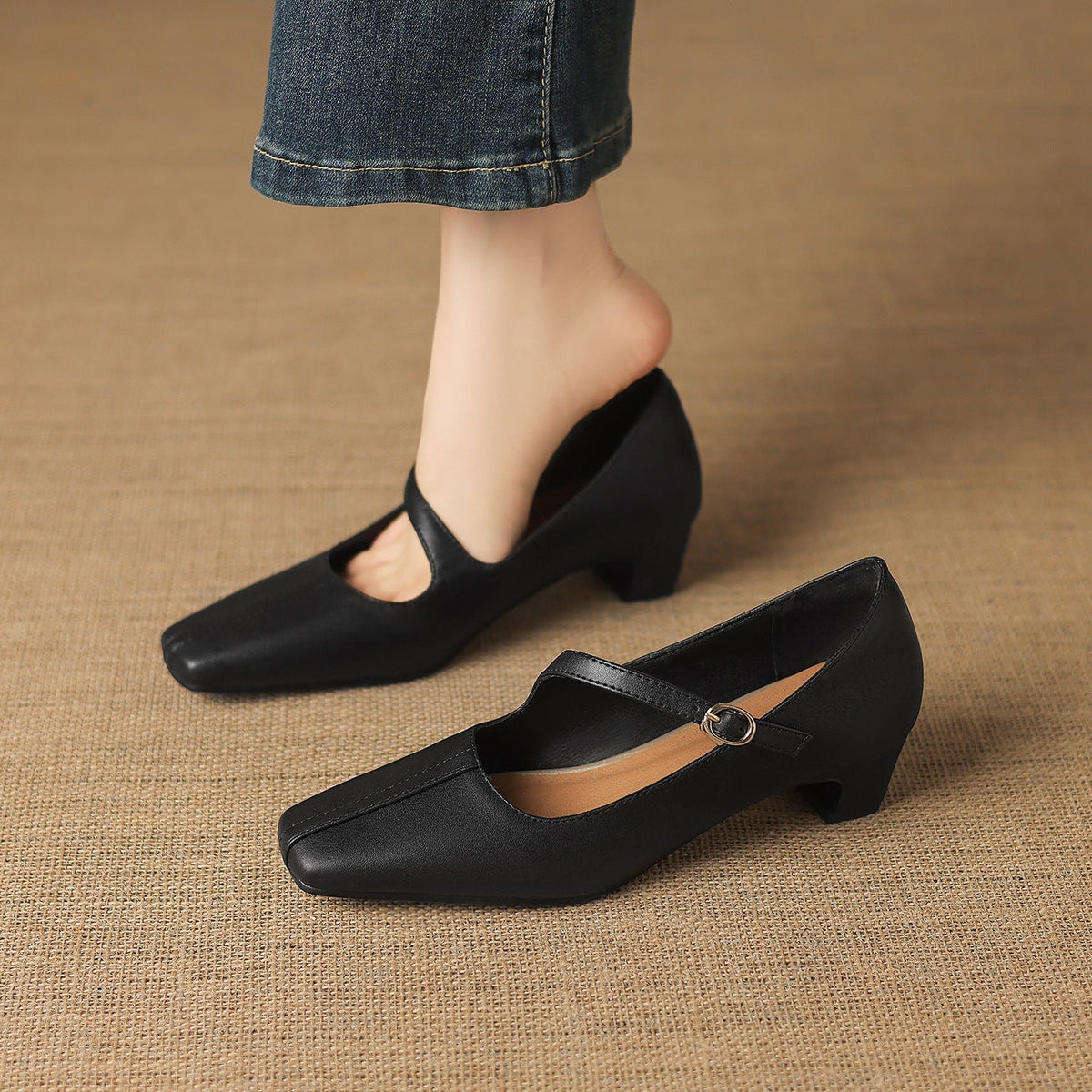 Zapatos Mary Jane Celes de cuero con punta cuadrada