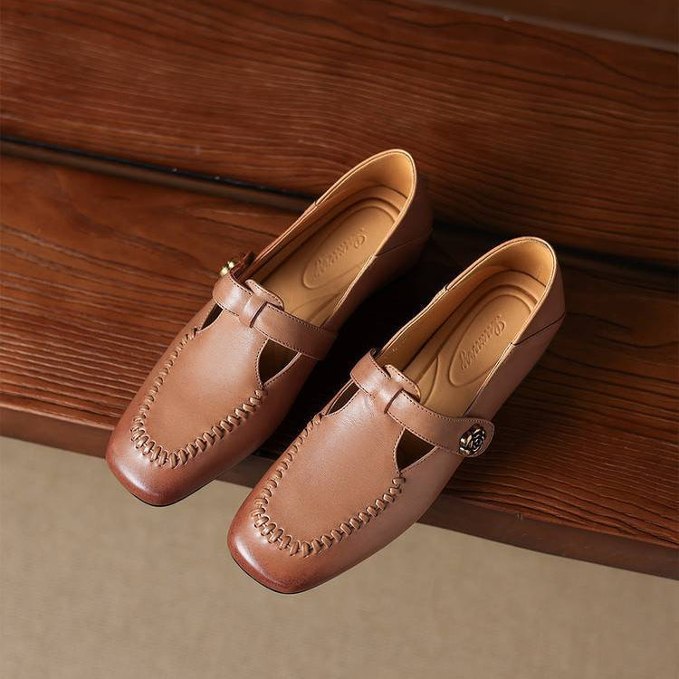 Zapatos de tacón Krea de piel auténtica con costuras de látigo y tira en T