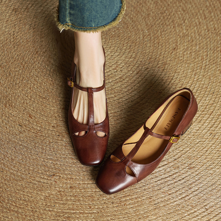 Yuna Mary-Jane-Heels aus echtem Leder mit T-Riemchen