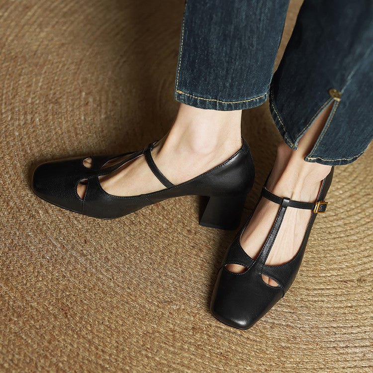 Yuna Mary-Jane-Heels aus echtem Leder mit T-Riemchen