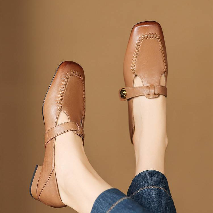 Zapatos de tacón Krea de piel auténtica con costuras de látigo y tira en T