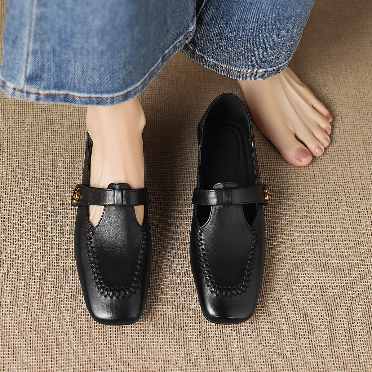 Zapatos de tacón Krea de piel auténtica con costuras de látigo y tira en T