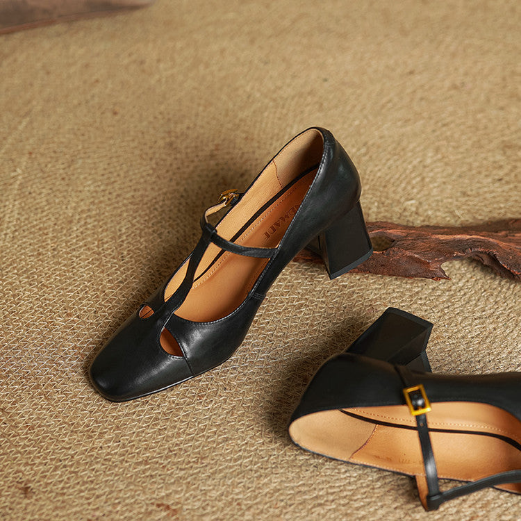 Yuna Mary-Jane-Heels aus echtem Leder mit T-Riemchen