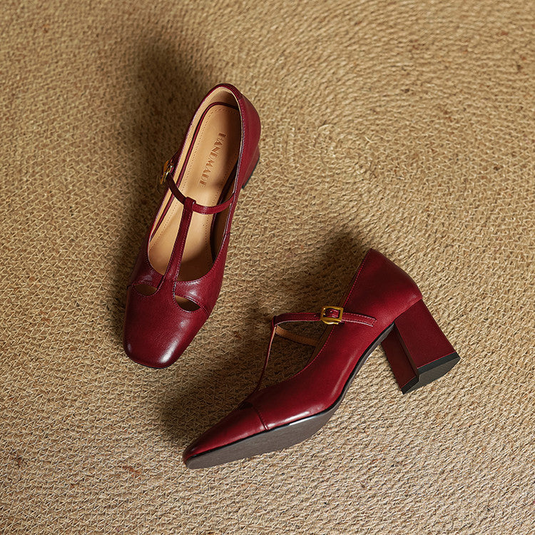 Yuna Mary-Jane-Heels aus echtem Leder mit T-Riemchen