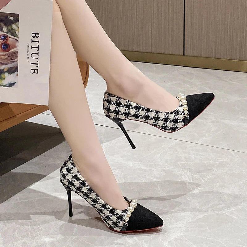 CAMILLE HOUNDSTOOTH PEARL HEELS