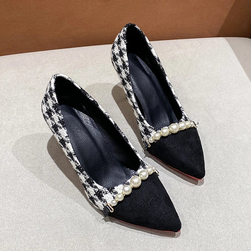 CAMILLE HOUNDSTOOTH PEARL HEELS