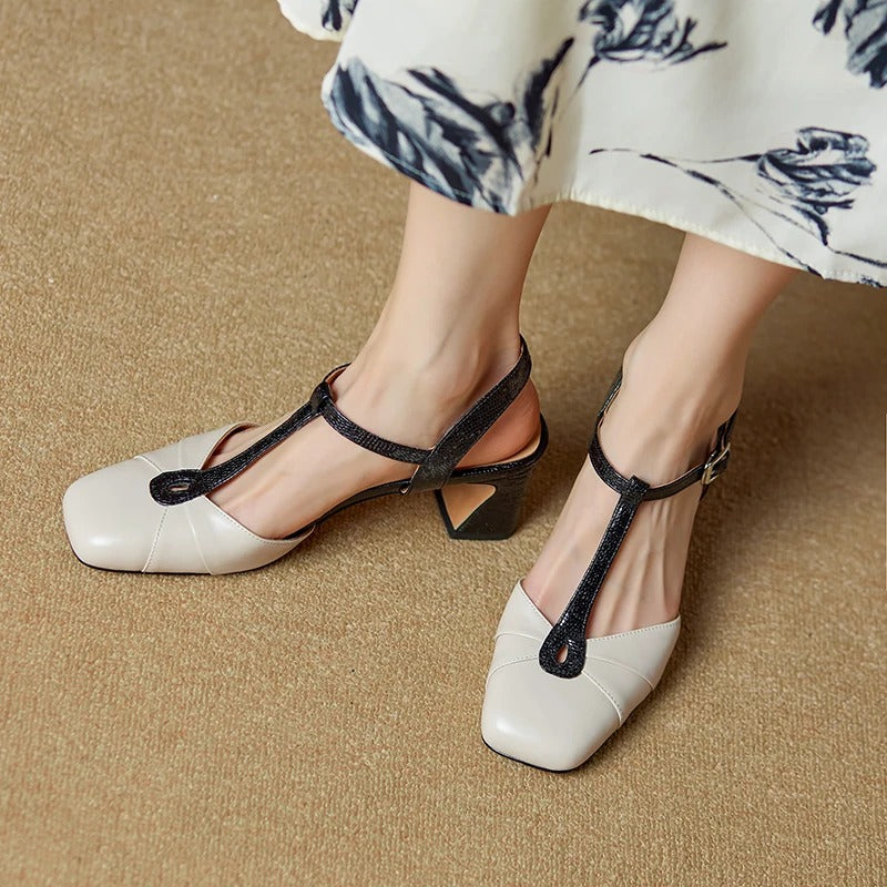 Olaya Slingback-Pumps aus echtem Leder mit T-Riemen