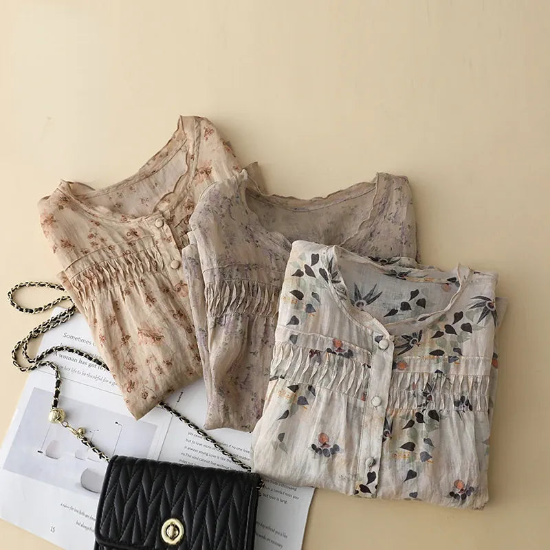 Blusa Naomi arricciata in tessuto weave