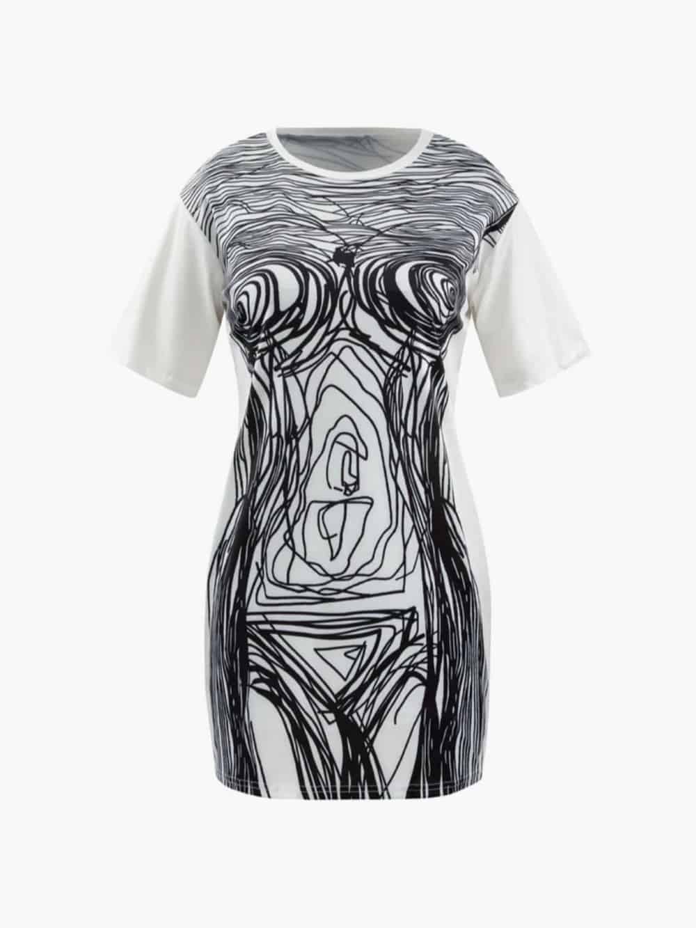 Kurzes Minikleid mit abstraktem Linienprint und kurzen Ärmeln