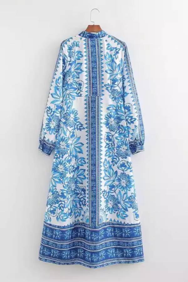 Robe longue chemise à manches longues boutonnée à imprimé unique